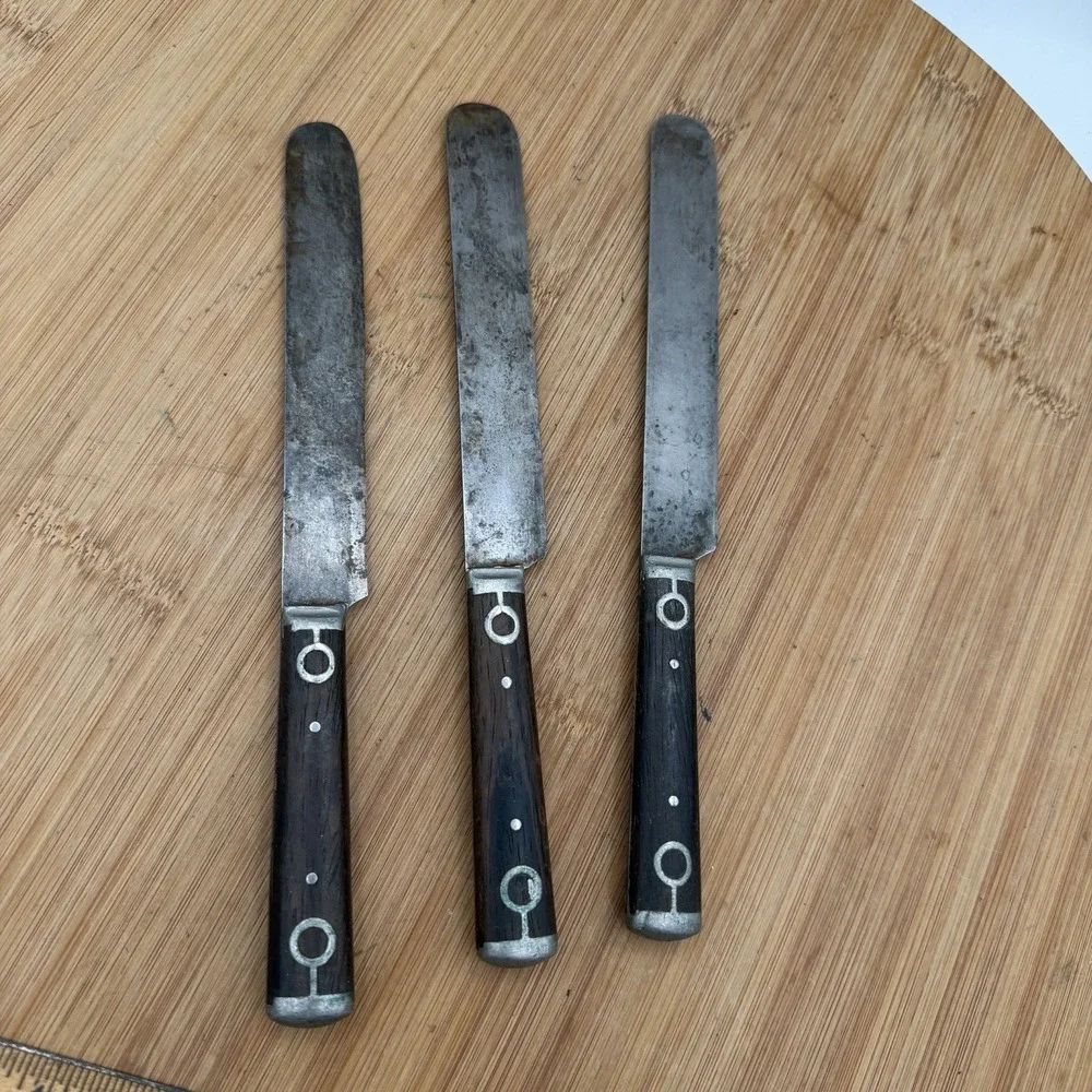 Vtg‎ American Cutlery Co (3)Wood Handle Knives Pewter Inlay Circle Design